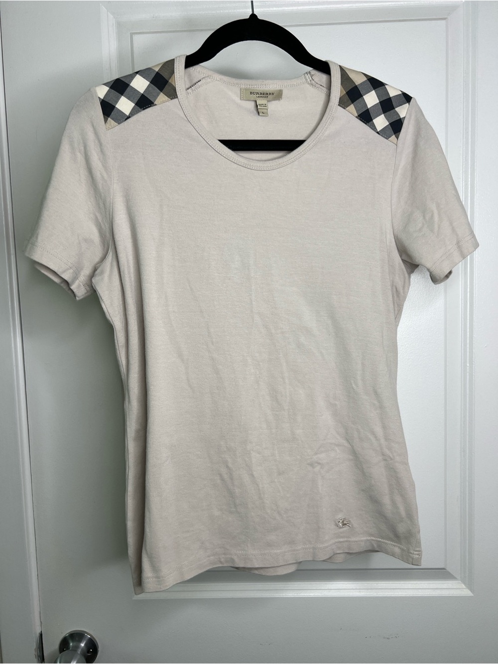 Burberry London Vintage Check Shoulder Beige Cotton Crew Neck T-Shirt Large